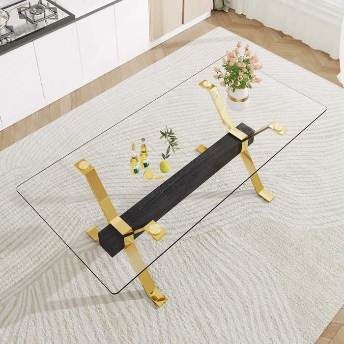 Dining table. Modern tempered glass dining table. Large modern office desk with gold plated metal legs and MDF crossbars, suitable for both home and office use. Kitchen. 79 ''x39''x30 '' 1105 Default -DTYStore