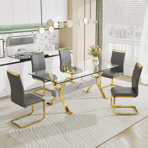 Dining table. Modern tempered glass dining table. Large modern office desk with gold plated metal legs and MDF crossbars, suitable for both home and office use. Kitchen. 79 ''x39''x30 '' 1105 Default -DTYStore