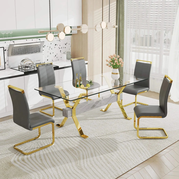 Dining table. Modern tempered glass dining table. Large modern office desk with gold plated metal legs and MDF crossbars, suitable for both home and office use. Kitchen. 79 ''x39''x30 '' 1105 Default -DTYStore