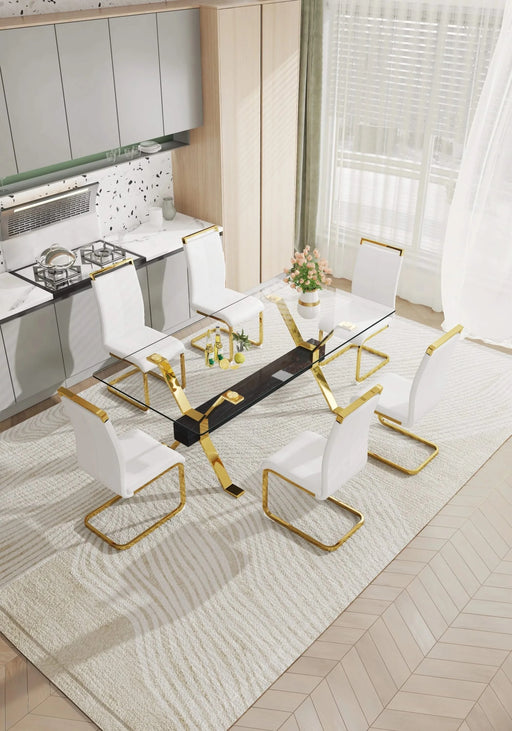 Dining table. Modern tempered glass dining table. Large modern office desk with gold plated metal legs and MDF crossbars, suitable for both home and office use. Kitchen. 79 ''x39''x30 '' 1105 Default -DTYStore