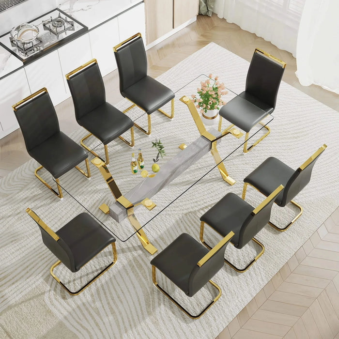 Dining table. Modern tempered glass dining table. Large modern office desk with gold plated metal legs and MDF crossbars, suitable for both home and office use. Kitchen. 79 ''x39''x30 '' 1105 Default -DTYStore
