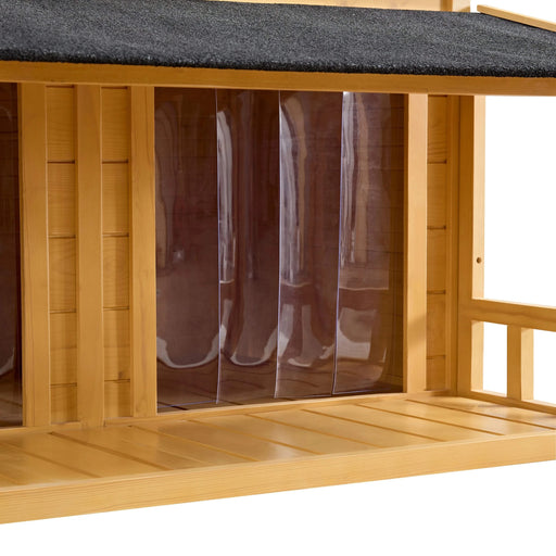 Dog House, Waterproof Dog Cage Kennel, Wooden Outdoor and Indoor Dog House, Raised Pet Kennel for Medium Dogs, Log Cabin Style with Porch,Elevated Floor,Asphalt Roof, 2 Doors, Pine Wood Natural Default -DTYStore