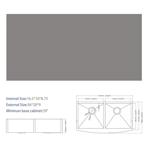 Double Bowl (50/50) Farmhouse Sink- 36' x 20' x 9'Stainless Steel Apron Front Kitchen Sink 16 Gauge with Two 9' Deep Basin Default -DTYStore