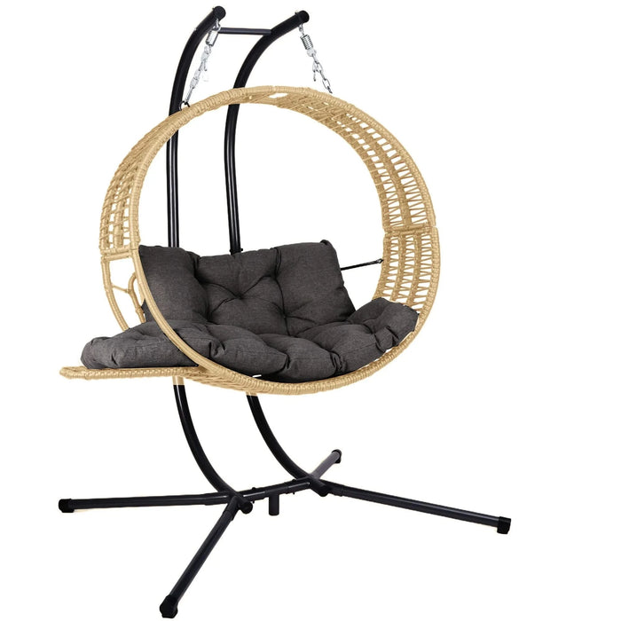 Double Hanging Egg Chair with Stand for Outdoor, Oversized 2 Person Wicker Rattan Swing Chair w/Convertible Armrest for Reclining Seat, All-Weather Cushion and Heavy Duty Frame, 700Lbs Cap. yellow Default -DTYStore