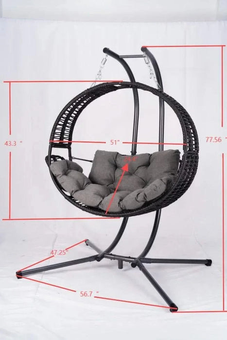 Double Hanging Egg Chair with Stand for Outdoor, Oversized 2 Person Wicker Rattan Swing Chair w/Convertible Armrest for Reclining Seat, All-Weather Cushion and Heavy Duty Frame, 700Lbs Cap. yellow Default -DTYStore