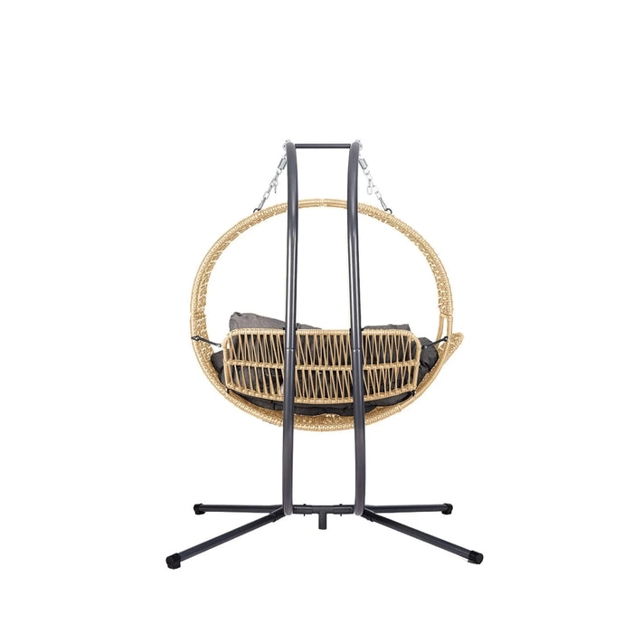 Double Hanging Egg Chair with Stand for Outdoor, Oversized 2 Person Wicker Rattan Swing Chair w/Convertible Armrest for Reclining Seat, All-Weather Cushion and Heavy Duty Frame, 700Lbs Cap. yellow Default -DTYStore