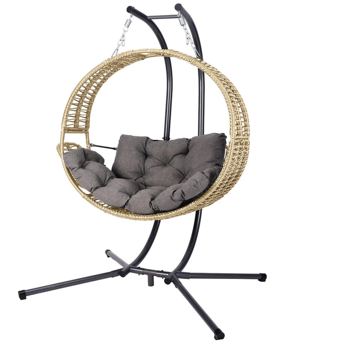 Double Hanging Egg Chair with Stand for Outdoor, Oversized 2 Person Wicker Rattan Swing Chair w/Convertible Armrest for Reclining Seat, All-Weather Cushion and Heavy Duty Frame, 700Lbs Cap. yellow Default -DTYStore