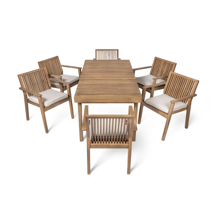 Durable 7 - Piece Patio Furniture Set Acacia Wood Table and 6 Heavy-Duty Cushioned Chairs, Brown Default -DTYStore