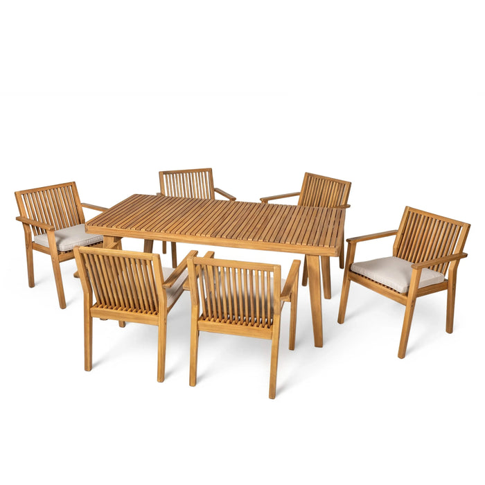 Durable 7 - Piece Patio Furniture Set Acacia Wood Table and 6 Heavy-Duty Cushioned Chairs, Natural Default -DTYStore