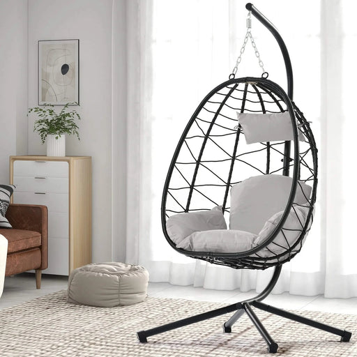 Egg Chair with Stand Indoor Outdoor Swing Chair Patio Wicker Hanging Egg Chair Hanging Basket Chair Hammock Chair with Stand for Bedroom Living Room Balcony Default -DTYStore