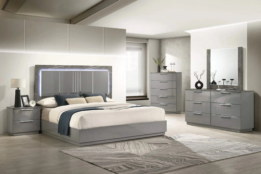 Elara King 5-Piece Set – Two-Tone High-Gloss Marble & Lacquer Finish with LED Lighting, Metal-Finished Legs, Spacious Storage- Gray Default -DTYStore