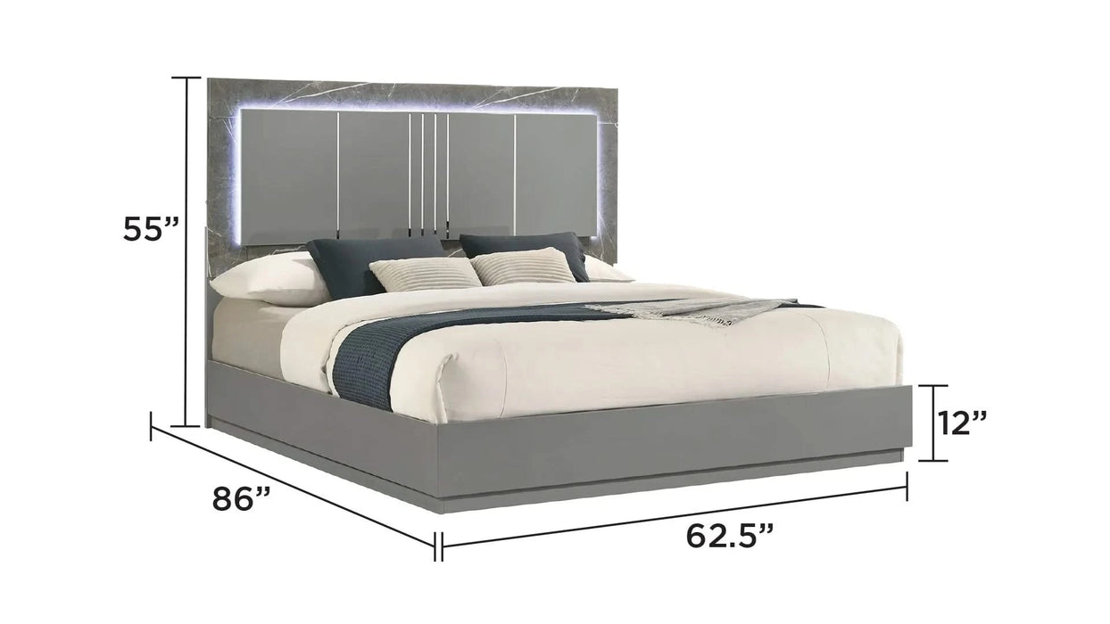 Elara Queen 4-Piece Set – Two-Tone High-Gloss Marble & Lacquer Finish with LED Lighting, Metal-Finished Legs- Gray (CA Inventory) Default -DTYStore