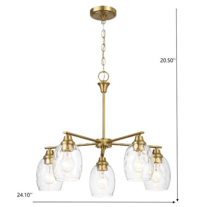 Elegance Five Lights Linear Arms Chandelier with Golden Brass Finish and Clear Water Glass 24'W x 8.5'H Default -DTYStore