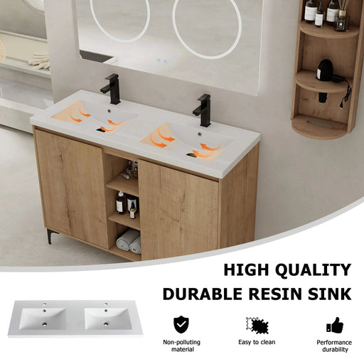 Elegant 48' Freestanding Bathroom Vanity with Double Resin Sink and Storage Rack, Soft Close Doors, Imitative Oak Finish Default -DTYStore