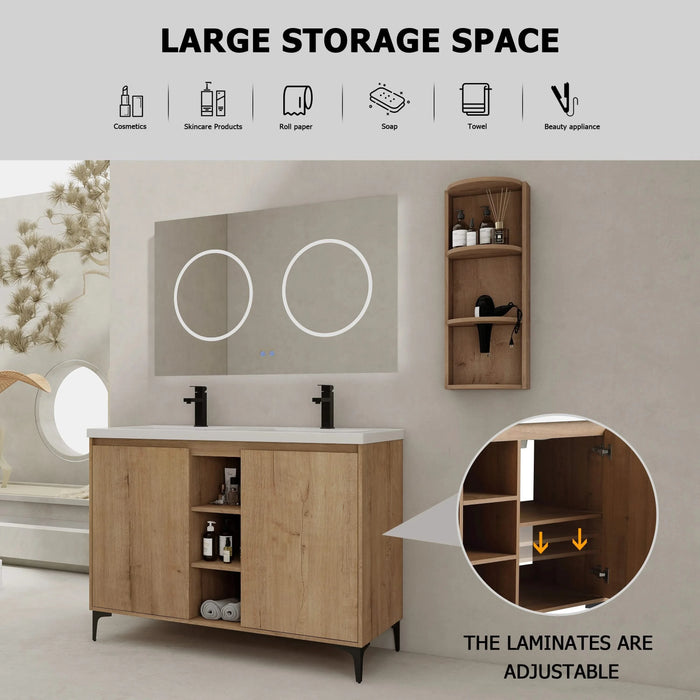 Elegant 48' Freestanding Bathroom Vanity with Double Resin Sink and Storage Rack, Soft Close Doors, Imitative Oak Finish Default -DTYStore