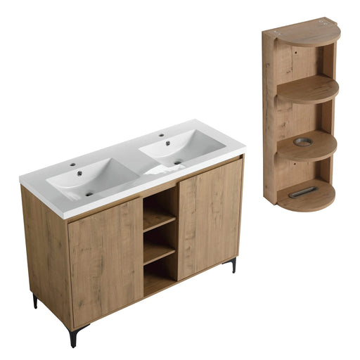 Elegant 48' Freestanding Bathroom Vanity with Double Resin Sink and Storage Rack, Soft Close Doors, Imitative Oak Finish Default -DTYStore