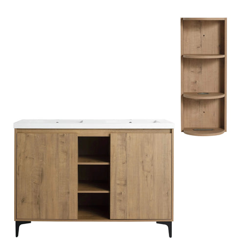 Elegant 48' Freestanding Bathroom Vanity with Double Resin Sink and Storage Rack, Soft Close Doors, Imitative Oak Finish Default -DTYStore