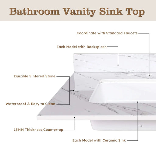 Elegant Bathroom Vanity Top with Undermount Sink, White Sintered Stone, 31 Inch Carrara Marble Design Default -DTYStore