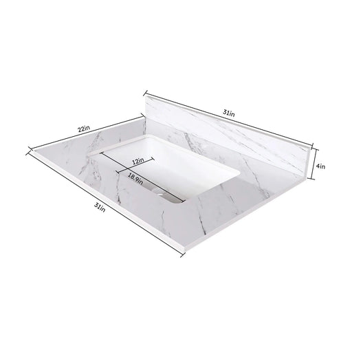 Elegant Bathroom Vanity Top with Undermount Sink, White Sintered Stone, 31 Inch Carrara Marble Design Default -DTYStore