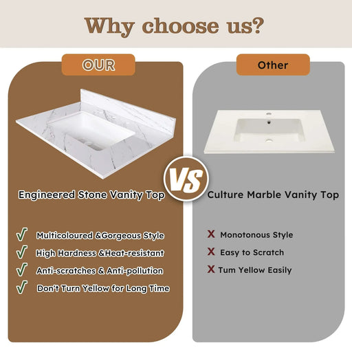 Elegant Bathroom Vanity Top with Undermount Sink, White Sintered Stone, 31 Inch Carrara Marble Design Default -DTYStore
