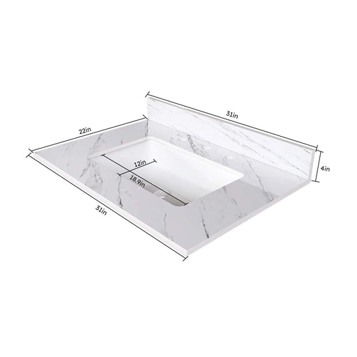 Elegant Bathroom Vanity Top with Undermount Sink, White Sintered Stone, 31 Inch Carrara Marble Design Default -DTYStore