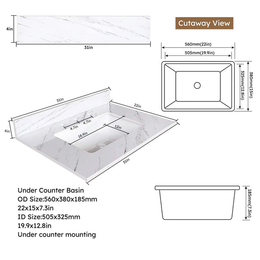 Elegant Bathroom Vanity Top with Undermount Sink, White Sintered Stone, 31 Inch Carrara Marble Design Default -DTYStore
