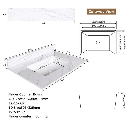 Elegant Bathroom Vanity Top with Undermount Sink, White Sintered Stone, 31 Inch Carrara Marble Design Default -DTYStore
