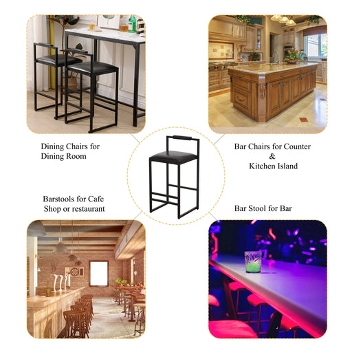 Elegant Black Bar Stool Set with Backrest and Footrest, PU Leather Upholstered, Iron Frame, Counter Height Default -DTYStore