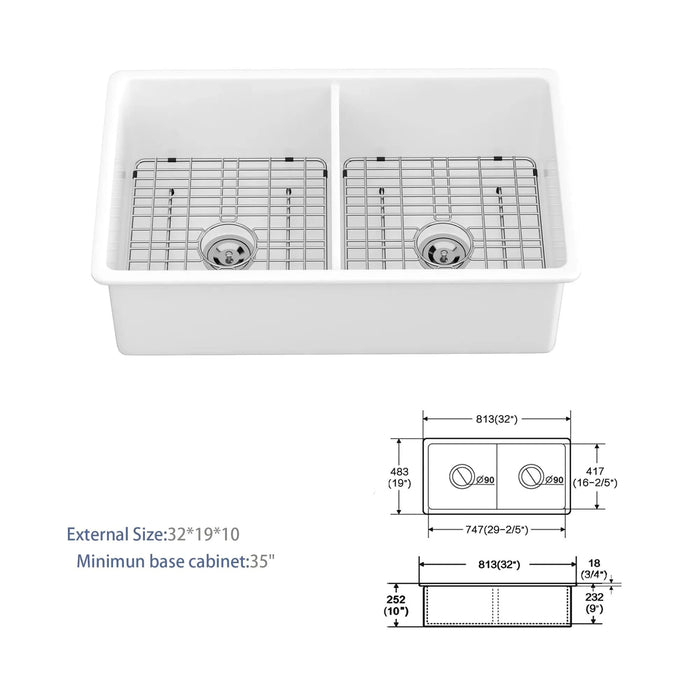 Elegant Dual Mount 32' Undermount Double Bowl Ceramic Kitchen Sink in White Default -DTYStore