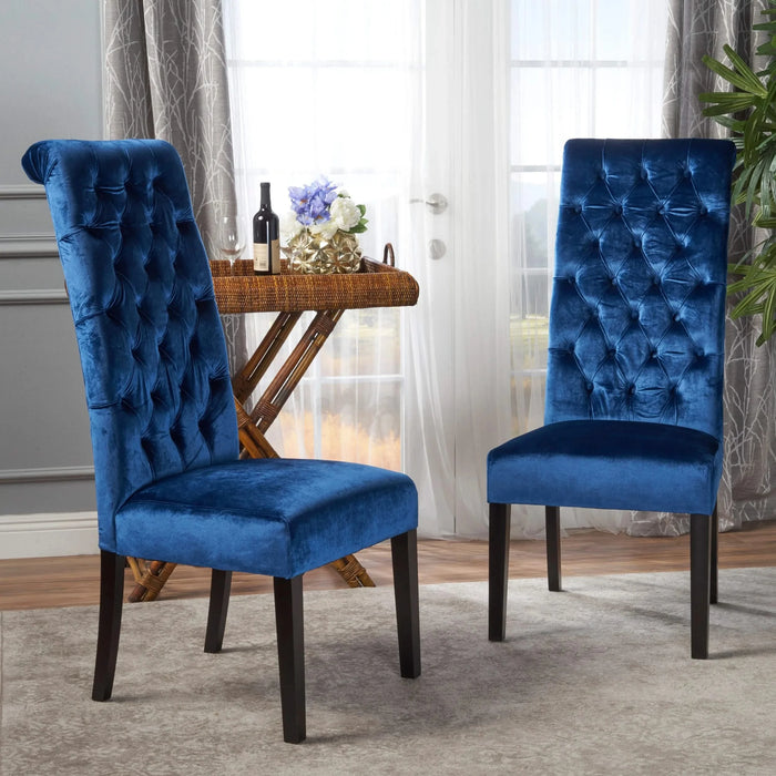 Elegant George Hi-Back KD Dining Chair Set of 2 with Tufted Velvet in Navy Blue Default -DTYStore