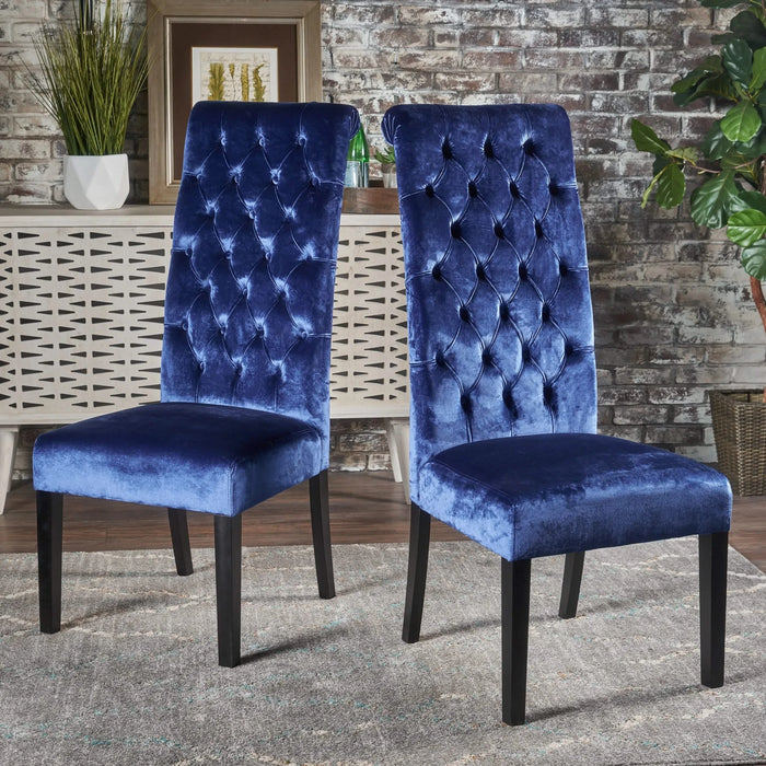 Elegant George Hi-Back KD Dining Chair Set of 2 with Tufted Velvet in Navy Blue Default -DTYStore
