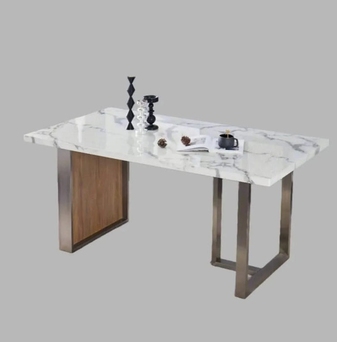 Elegant Luxurious Imitation Marble MDF Dinning Table for 6 or 8, Rectangular 63'L*35.4'W*29.8'H, Walnut+Stainless Steel Legs Modern, Durable, Easy to Assemble for Kitchen/Living Room/Meeting, White Default -DTYStore