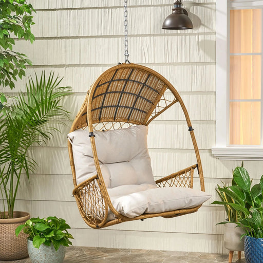 Elegant MALIA Outdoor/Indoor Wicker Hanging Chair with Cushion, Brown+Beige, Faux Rattan, 34.50x25.00x46.25 inches Default -DTYStore