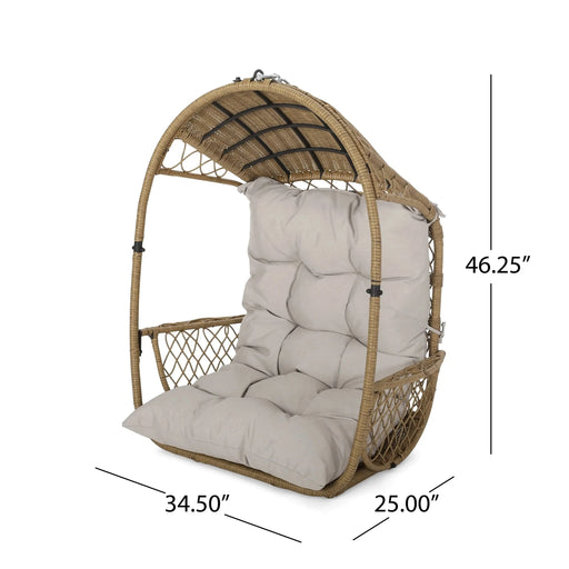 Elegant MALIA Outdoor/Indoor Wicker Hanging Chair with Cushion, Brown+Beige, Faux Rattan, 34.50x25.00x46.25 inches Default -DTYStore