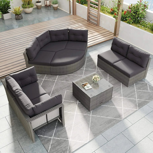 Elegant Patio Furniture Set Outdoor Daybed Rattan Sectional with Cushions and Center Table, Grey, Iron + Rattan Default -DTYStore