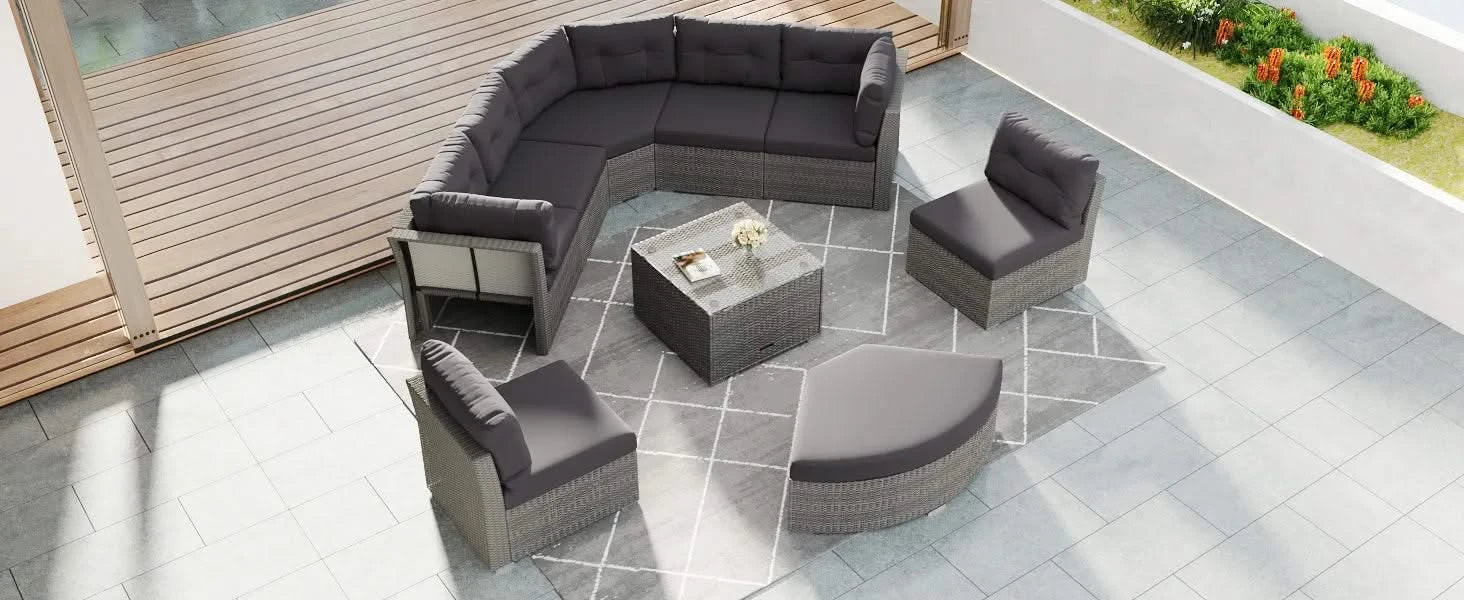 Elegant Patio Furniture Set Outdoor Daybed Rattan Sectional with Cushions and Center Table, Grey, Iron + Rattan Default -DTYStore