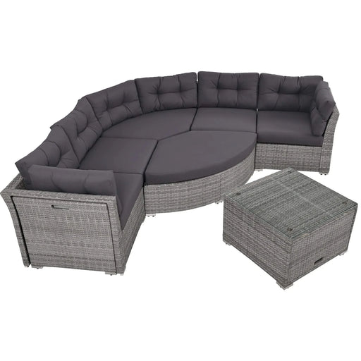 Elegant Patio Furniture Set Outdoor Daybed Rattan Sectional with Cushions and Center Table, Grey, Iron + Rattan Default -DTYStore