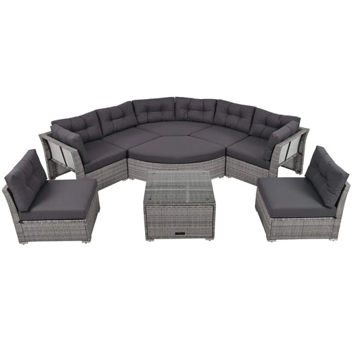 Elegant Patio Furniture Set Outdoor Daybed Rattan Sectional with Cushions and Center Table, Grey, Iron + Rattan Default -DTYStore
