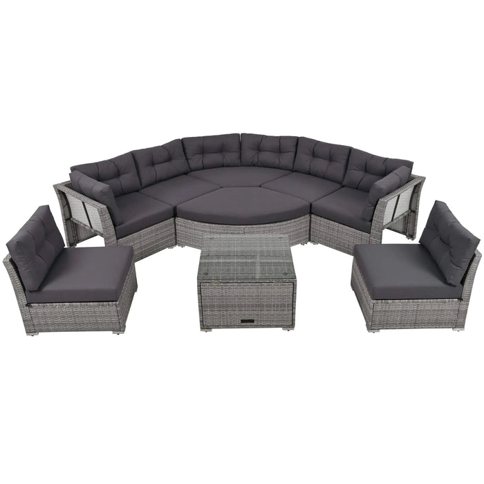 Elegant Patio Furniture Set Outdoor Daybed Rattan Sectional with Cushions and Center Table, Grey, Iron + Rattan Default -DTYStore