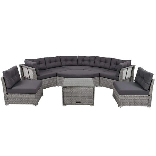 Elegant Patio Furniture Set Outdoor Daybed Rattan Sectional with Cushions and Center Table, Grey, Iron + Rattan Default -DTYStore