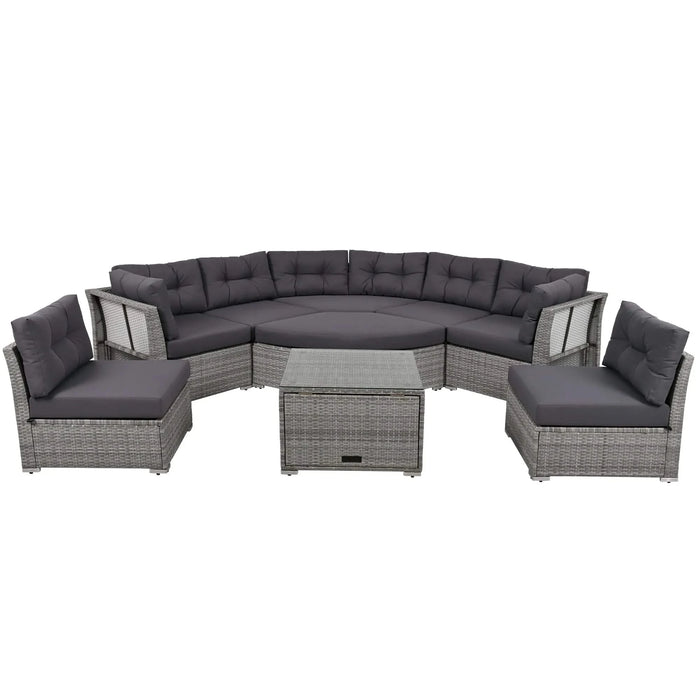 Elegant Patio Furniture Set Outdoor Daybed Rattan Sectional with Cushions and Center Table, Grey, Iron + Rattan Default -DTYStore
