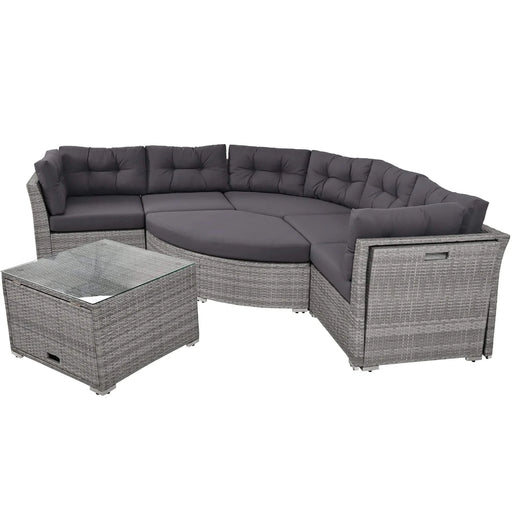 Elegant Patio Furniture Set Outdoor Daybed Rattan Sectional with Cushions and Center Table, Grey, Iron + Rattan Default -DTYStore