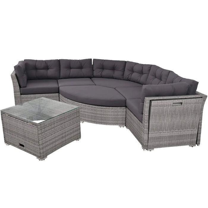 Elegant Patio Furniture Set Outdoor Daybed Rattan Sectional with Cushions and Center Table, Grey, Iron + Rattan Default -DTYStore