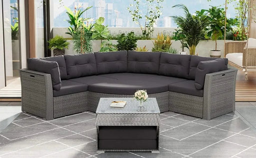 Elegant Patio Furniture Set Outdoor Daybed Rattan Sectional with Cushions and Center Table, Grey, Iron + Rattan Default -DTYStore