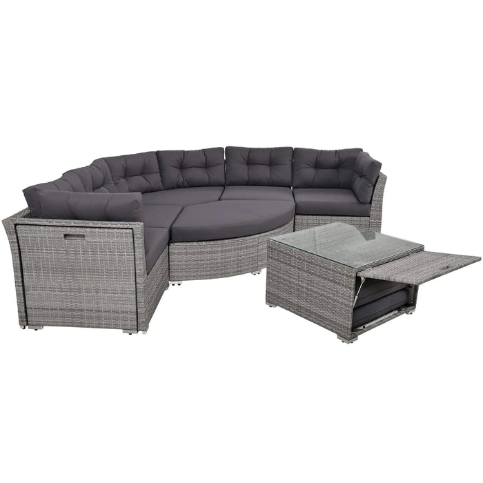 Elegant Patio Furniture Set Outdoor Daybed Rattan Sectional with Cushions and Center Table, Grey, Iron + Rattan Default -DTYStore
