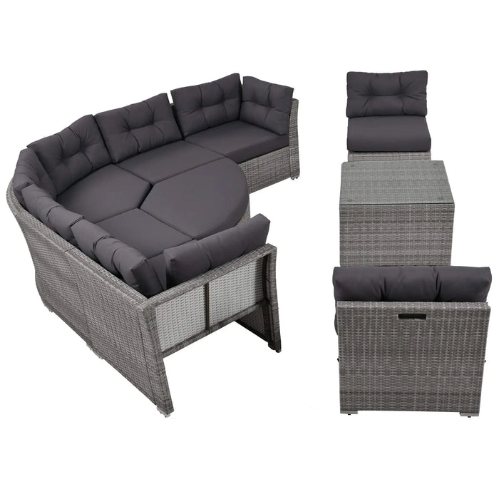 Elegant Patio Furniture Set Outdoor Daybed Rattan Sectional with Cushions and Center Table, Grey, Iron + Rattan Default -DTYStore