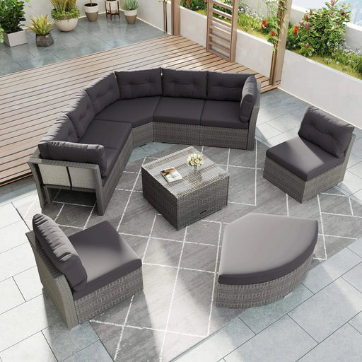 Elegant Patio Furniture Set Outdoor Daybed Rattan Sectional with Cushions and Center Table, Grey, Iron + Rattan Default -DTYStore