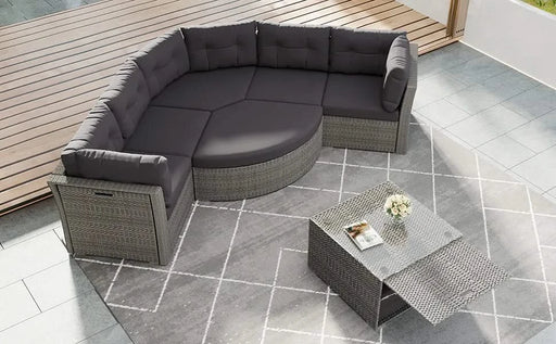 Elegant Patio Furniture Set Outdoor Daybed Rattan Sectional with Cushions and Center Table, Grey, Iron + Rattan Default -DTYStore