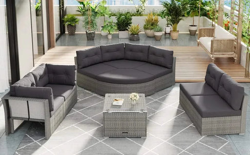 Elegant Patio Furniture Set Outdoor Daybed Rattan Sectional with Cushions and Center Table, Grey, Iron + Rattan Default -DTYStore