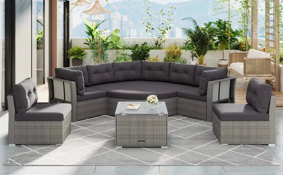 Elegant Patio Furniture Set Outdoor Daybed Rattan Sectional with Cushions and Center Table, Grey, Iron + Rattan Default -DTYStore